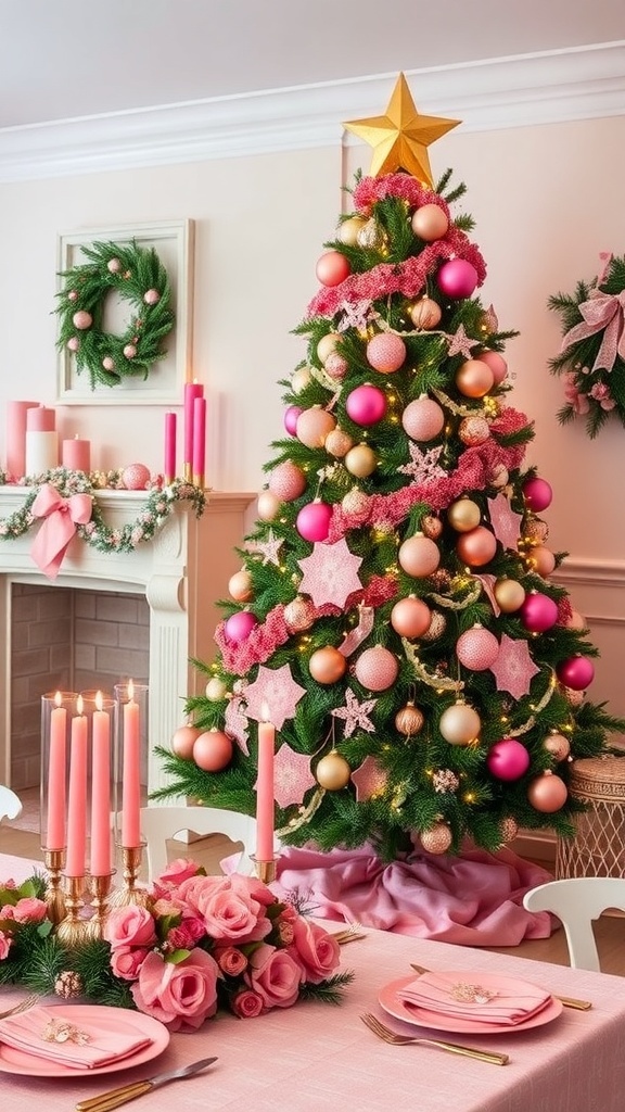 Pink Christmas Decoration Ideas A pink-themed Christmas tree and table setting in a cozy living room.